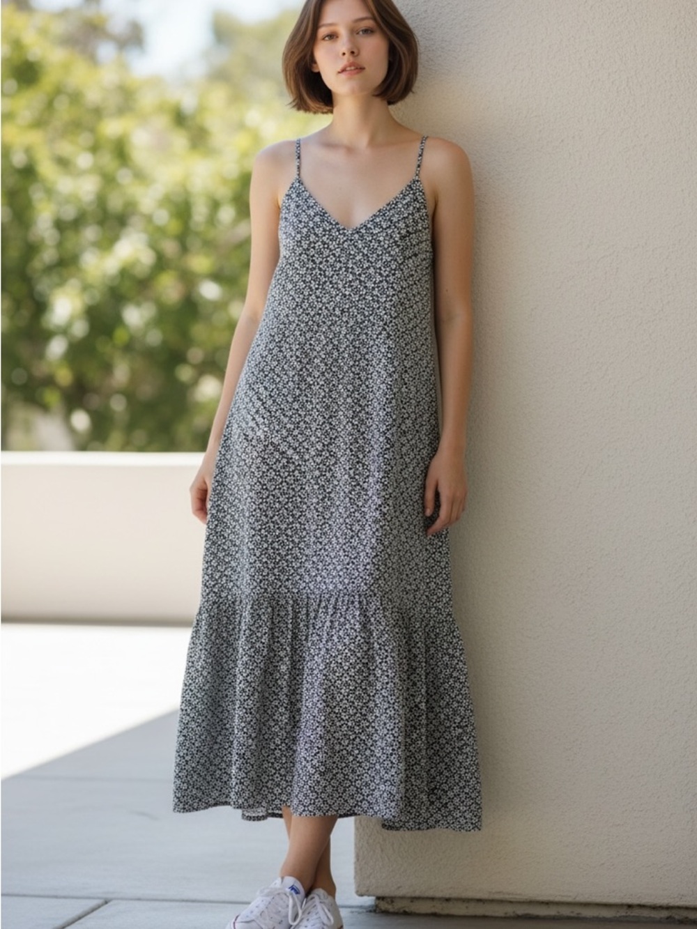 1. State Navy and White Geometric Midi Dress